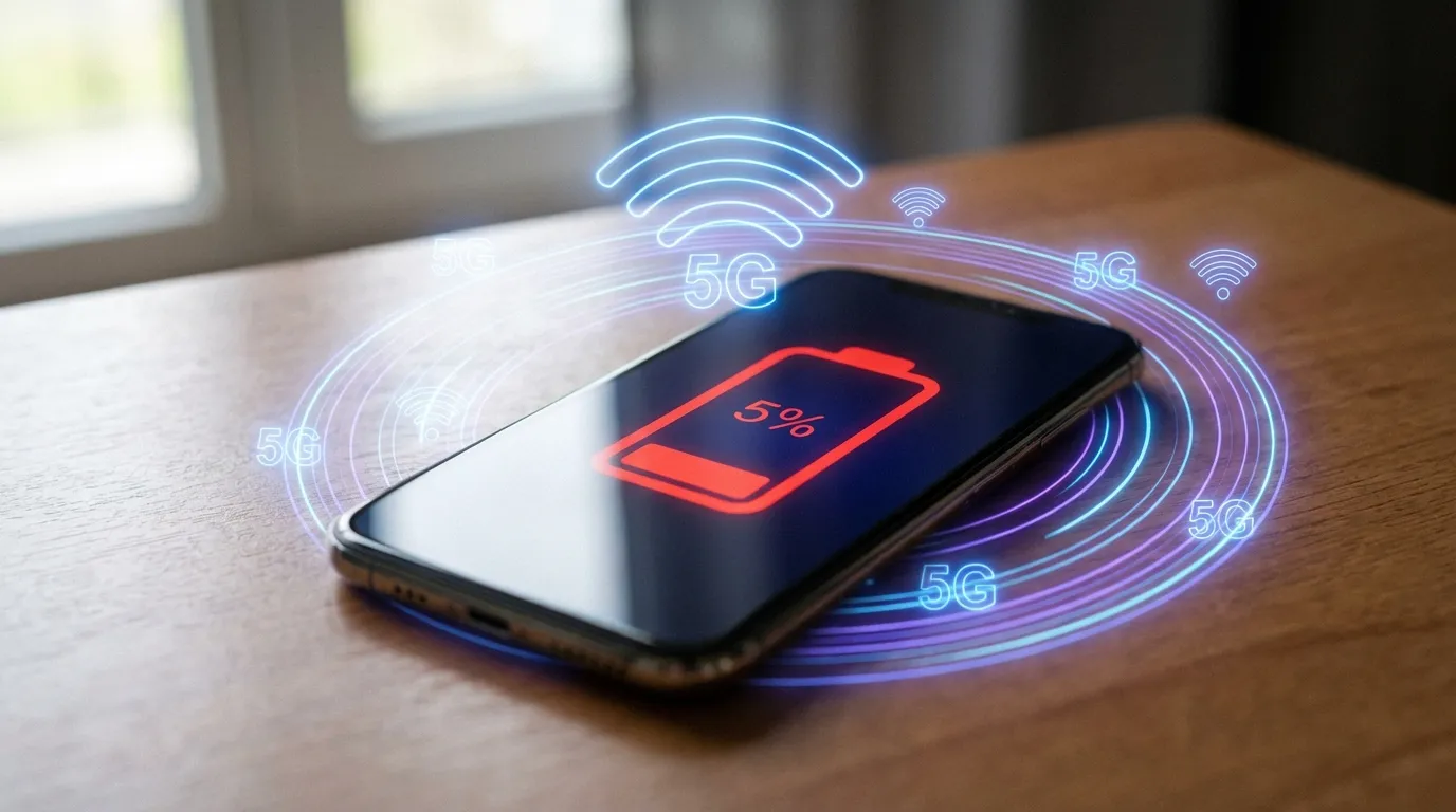 Smartphone mit niedrigem Akkustand im 5G‑Netz