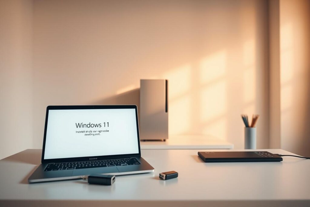 A clean, minimalist setup of a computer and its accessories, placed on a simple white desk or table. The foreground features an open laptop with the Windows 11 installation screen displayed, accompanied by a high-quality USB drive or external hard drive, representing the installation medium. The middle ground showcases a sleek, modern desktop tower, subtly hinting at the target system. The background is a softly lit, airy space, creating a sense of focus and professionalism. Warm, diffused lighting illuminates the scene, emphasizing the clarity and precision of the setup. The overall atmosphere conveys a smooth, efficient Windows 11 installation process.