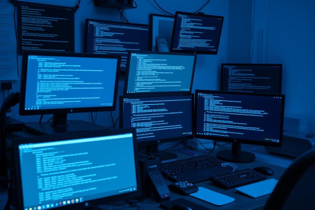 A cluttered desk with multiple computer screens displaying various error codes and diagnostic information, bathed in a cool, bluish-grey tones that evoke the clinical, technical atmosphere of a tech support workspace. The screens show different types of error messages and numerical codes, hinting at common Windows 11 update failures and the need to understand and troubleshoot them. The overall scene conveys a sense of problem-solving, with the errors begging to be deciphered and resolved.