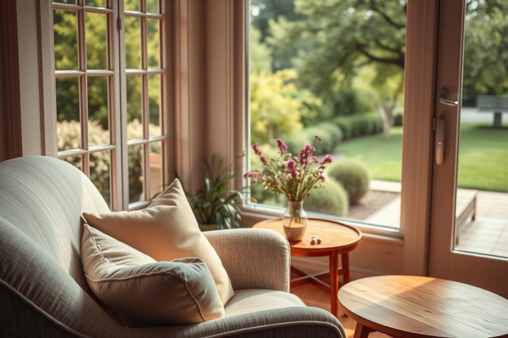 A cozy and inviting Saturday morning scene. A warm, sun-dappled room with large windows overlooking a peaceful garden. A plush armchair in the foreground, adorned with soft, pastel-colored cushions. In the middle ground, a wooden side table with a steaming mug of coffee and a vase of fresh wildflowers. The background features lush greenery and a glimpse of a tranquil, tree-lined path. The overall mood is one of comfort, relaxation, and the simple pleasures of a leisurely weekend morning. Soft, diffused lighting bathes the scene in a gentle, golden glow. A cozy and inviting Saturday morning scene. A warm, sun-dappled room with large windows overlooking a peaceful garden. A plush armchair in the foreground, adorned with soft, pastel-colored cushions. In the middle ground, a wooden side table with a steaming mug of coffee and a vase of fresh wildflowers. The background features lush greenery and a glimpse of a tranquil, tree-lined path. The overall mood is one of comfort, relaxation, and the simple pleasures of a leisurely weekend morning. Soft, diffused lighting bathes the scene in a gentle, golden glow.