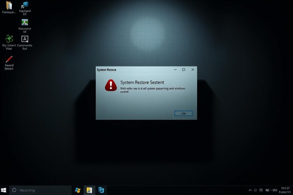 A dark, moody desktop interface with a prominent "System Restore" dialog box in the center. The dialog box has an ominous red exclamation mark icon, conveying a sense of failure or urgency. The background is a muted, desaturated Windows 11 desktop, with subtle glitches and visual distortions to reinforce the idea of a system in disarray. The lighting is dramatic, casting long shadows and creating a sense of tension. The overall aesthetic is one of technical complexity, with various Windows UI elements, icons, and indicators visible in the periphery, suggesting the intricate nature of system recovery. The mood is somber and unsettling, reflecting the failed attempt at restoring the system.