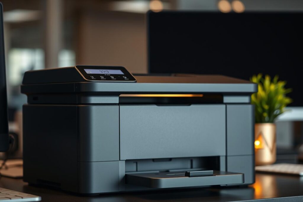 A detailed, high-resolution image of a modern office printer standing on a desk, with a subtle glow of warm lighting illuminating its sleek, black exterior. The printer is the central focus, with a sense of importance and significance conveyed through careful composition and attention to detail. The background is blurred, allowing the printer to stand out prominently, symbolizing its importance in the context of the Windows 11 troubleshooting process. The overall mood is one of professionalism and problem-solving, reflecting the topic of the article section.