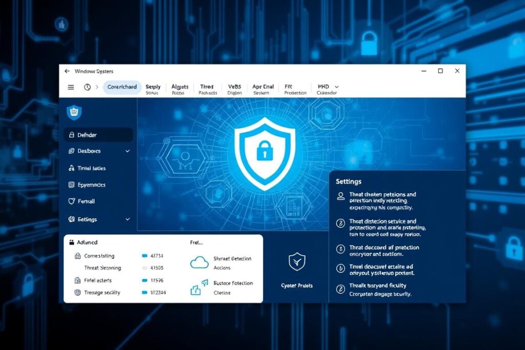 A detailed illustration of the Windows Defender security application, showcasing its core functionality and advanced settings. The image should depict a sleek, modern user interface with a focus on key system protection features. The foreground should highlight the Defender dashboard, displaying comprehensive security status and customization options. In the middle ground, visualize various threat detection and prevention mechanisms, such as real-time scanning and firewall management. The background should convey a sense of digital security, with abstract representations of network traffic, encrypted data, and system integrity. Use a balanced, cool-toned color palette and clean, minimalist design to create a professional, trustworthy atmosphere. Render the scene with high-quality photorealistic details, optimal lighting, and a wide-angle perspective to emphasize the comprehensive nature of the Defender solution.