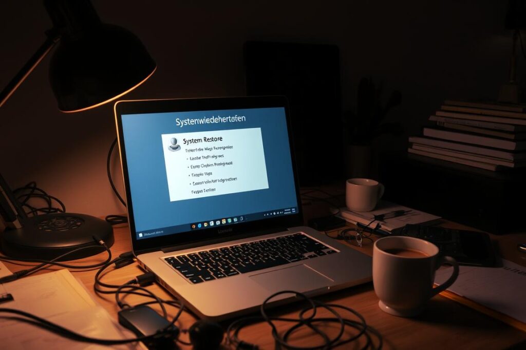 A dimly lit computer desk with a laptop screen showing the "Systemwiederherstellung" (System Restore) interface. The laptop is surrounded by various cables, office supplies, and a cup of coffee, creating a cluttered but focused workspace. Soft, warm lighting from a desk lamp casts a gentle glow, evoking a sense of concentration and problem-solving. The laptop's display shows the System Restore options, inviting the user to navigate through the recovery process. The overall scene conveys a mood of troubleshooting and determination to resolve a technical issue.