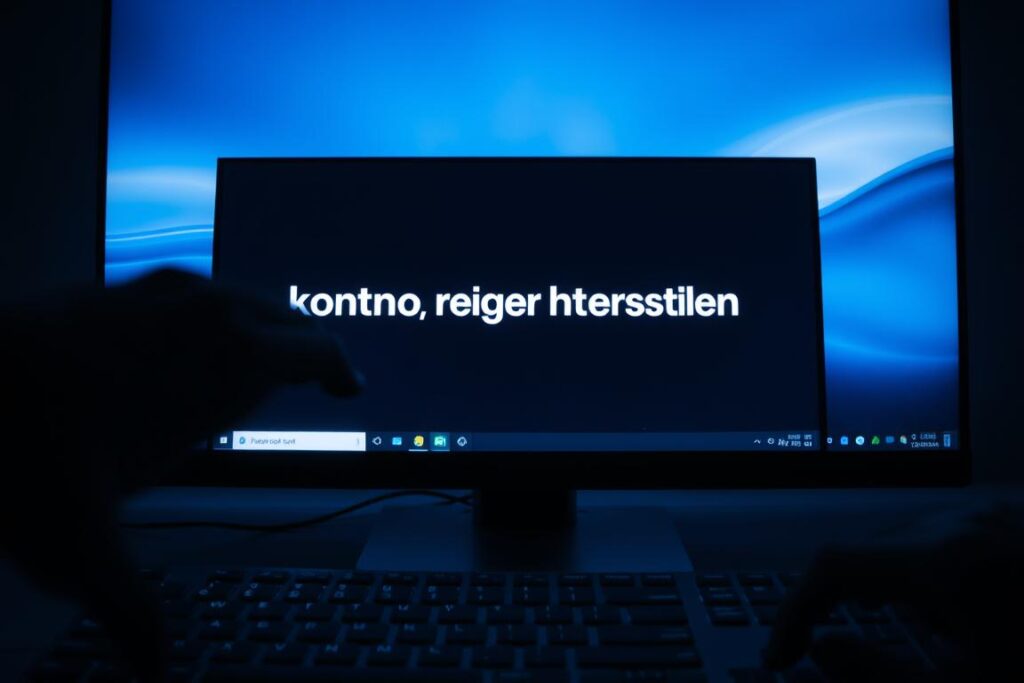 A dimly lit computer screen displays the German phrase "konto wiederherstellen" (restore account) against a backdrop of a sleek, modern desktop interface. The screen casts a soft, bluish glow, creating an atmosphere of contemplation and problem-solving. In the foreground, a hand hovers over the keyboard, highlighting the user's interaction with the system. The overall composition conveys a sense of focus and determination to regain access to a lost or forgotten account, reflecting the broader context of the article's subject matter.