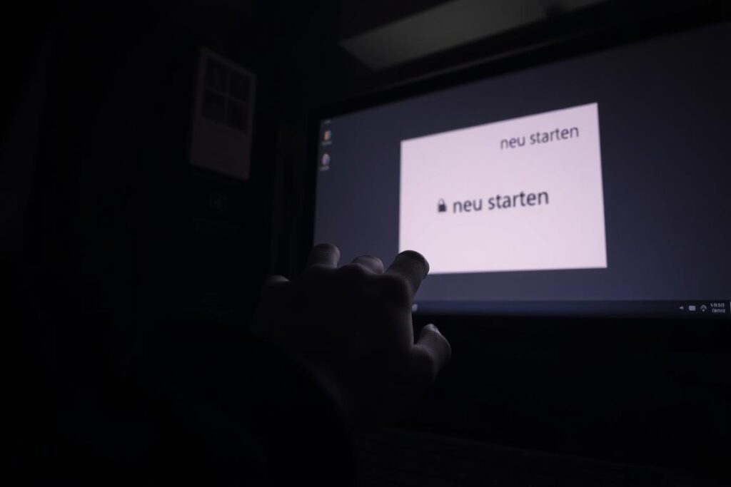 A dimly lit room, the glow of a computer screen casting an eerie light. In the foreground, a hand hovers over a mouse, contemplating the next move. The desktop shows a simple window with the words "neu starten" (restart) prominently displayed, beckoning the user to take action. The atmosphere is one of frustration and uncertainty, as the user faces a seemingly unresponsive system. The camera angle is slightly tilted, conveying a sense of unease and the need for a quick resolution. The lighting is dramatic, with deep shadows and highlights accentuating the intensity of the moment. The overall scene evokes the feeling of a Windows 11 system that has reached a critical point, where alternative measures must be taken to regain control.