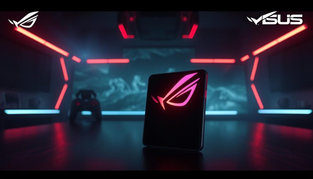 A futuristic and immersive gaming setup featuring the Asus ROG Phone 8 in "Hintergrundmodus" or background mode. The phone is displayed prominently, its sleek, angular design and RGB lighting accentuated by a dramatic, moody lighting setup. The background is a dark, atmospheric environment, perhaps a dimly lit gaming room or a sci-fi-inspired landscape, creating a sense of depth and scale. The image should convey a sense of intensity and focus, reflecting the capabilities of the phone for intense, action-packed mobile gaming experiences. A futuristic and immersive gaming setup featuring the Asus ROG Phone 8 in "Hintergrundmodus" or background mode. The phone is displayed prominently, its sleek, angular design and RGB lighting accentuated by a dramatic, moody lighting setup. The background is a dark, atmospheric environment, perhaps a dimly lit gaming room or a sci-fi-inspired landscape, creating a sense of depth and scale. The image should convey a sense of intensity and focus, reflecting the capabilities of the phone for intense, action-packed mobile gaming experiences.