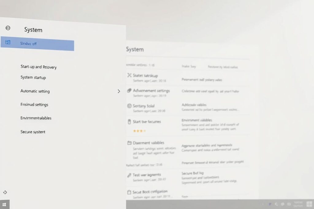 A high-resolution, detailed image of a Windows 11 system settings menu, showcasing the "System" options. The foreground should feature the "Start-up and Recovery" settings panel, with clear and legible options for "System startup" and "Automatic restart". The middle ground should include an overview of the broader "System" settings, with icons and labels for key features like "Advanced system settings", "Environment variables", and "Secure Boot configuration". The background should depict a clean, minimalist Windows 11 desktop environment, with a soft, muted color palette to convey a sense of focus and professionalism. The lighting should be soft and diffused, creating a calm, informative atmosphere. Captured from a slightly elevated, angled perspective to provide a comprehensive view of the system settings menu.