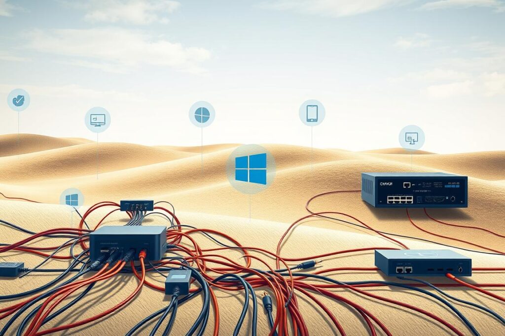 A highly detailed technical illustration of "netzwerk methoden" for a Windows 11 article. The image depicts a complex network diagram with various nodes, cables, and devices in the foreground, representing different components and connections. The middle ground showcases Windows-specific icons and graphics, hinting at the integration with the operating system. The background features a soft, gradient-based landscape with subtle textures, creating a professional, technical atmosphere. The lighting is slightly muted, with directional illumination casting subtle shadows to accentuate the depth and dimensionality of the scene. The overall composition is carefully balanced, guiding the viewer's eye through the intricate details of the network infrastructure and its Windows-centric integration.