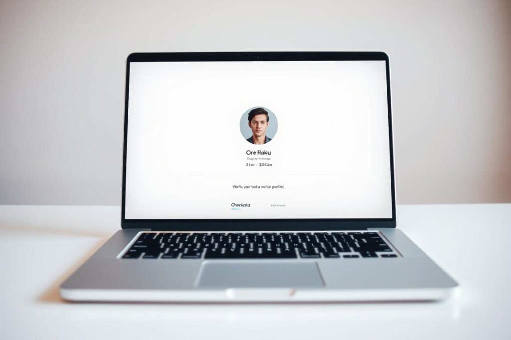A minimalist user profile interface displayed on a sleek, silver laptop screen. The profile picture is a simple, circular headshot of a person, their expression neutral yet thoughtful. The background is a soft, blurred gradient, subtly hinting at a sense of privacy and personal reflection. The layout is clean and uncluttered, with only the essential user information visible - name, username, and perhaps a brief biographical detail. The lighting is natural and diffused, creating a warm, inviting atmosphere. The camera angle is slightly elevated, giving a sense of the user's agency and control over their digital self-representation.