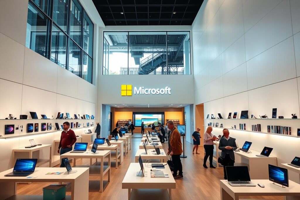 A modern and well-lit Microsoft Store interior, with a sleek, minimalist design. The entrance is framed by large windows, allowing natural light to flood the space. Rows of display tables showcase the latest Microsoft products, including laptops, tablets, and accessories, neatly arranged. The walls feature clean, white panels, complemented by subtle accent lighting that creates a warm, inviting atmosphere. Customers can be seen browsing the selection, with helpful staff members available to assist them. The overall scene conveys a sense of efficiency and professionalism, reflecting the reliable and user-friendly experience the Microsoft Store aims to provide.