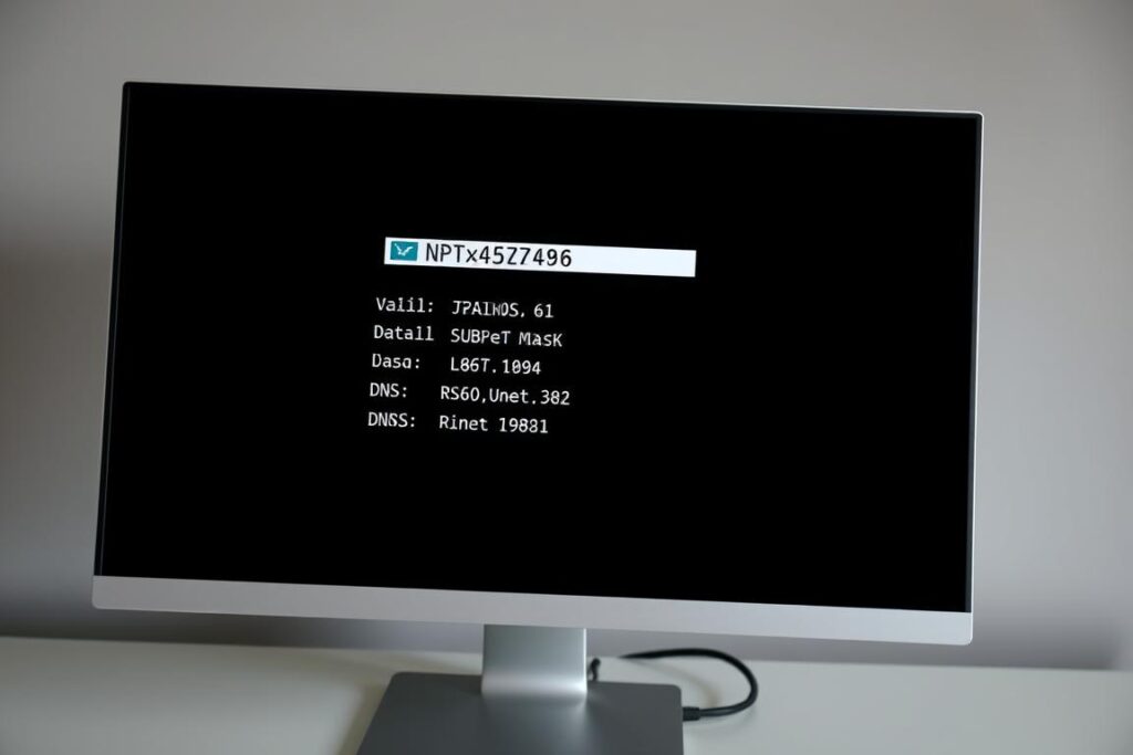 A modern desktop computer screen displaying a detailed configuration of a valid IP address and network settings. The interface appears clean and minimal, with a dark background and crisp, high-resolution graphics. The network details are prominently featured, including the IP address, subnet mask, default gateway, and DNS servers. The overall scene conveys a sense of technical proficiency and problem-solving, with a focus on the essential information needed to diagnose and resolve a missing or invalid IP configuration issue.