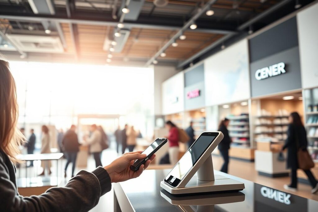 A modern retail store interior with bright, natural lighting streaming through large windows. In the foreground, a customer is paying for their purchase using a smartphone, holding it near a sleek, minimalist contactless payment terminal on the checkout counter. The middle ground features shoppers browsing the shelves, creating a sense of a bustling, active store. In the background, the store's branding and decor elements, such as signage and stylish furnishings, establish an upscale, contemporary ambiance. The overall scene conveys the ease and convenience of contactless payment in a pleasant, high-end shopping environment.