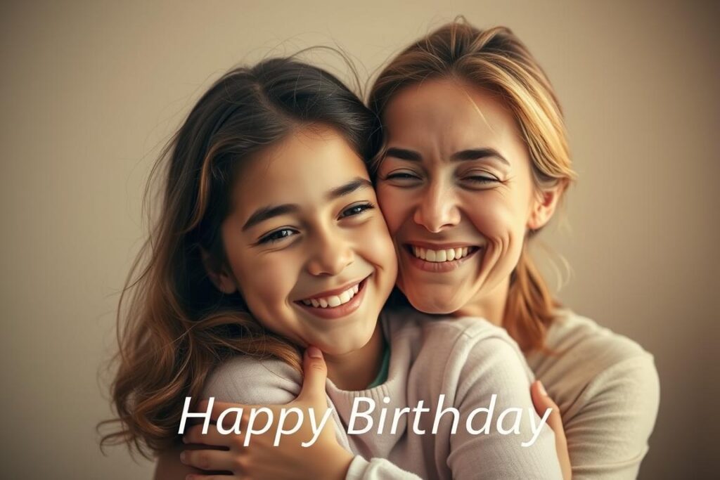 A serene and warm-toned portrait of a loving mother embracing her young daughter, their faces filled with genuine affection. The soft lighting casts a gentle glow, highlighting the tender moment shared between them. The background is subtly blurred, keeping the focus on their intimate connection. The mother's expression radiates a deep, maternal care, while the daughter's smile conveys her appreciation and gratitude. This image evokes the importance of cherishing the bond between a mother and child, especially on a special occasion like a birthday. A serene and warm-toned portrait of a loving mother embracing her young daughter, their faces filled with genuine affection. The soft lighting casts a gentle glow, highlighting the tender moment shared between them. The background is subtly blurred, keeping the focus on their intimate connection. The mother's expression radiates a deep, maternal care, while the daughter's smile conveys her appreciation and gratitude. This image evokes the importance of cherishing the bond between a mother and child, especially on a special occasion like a birthday.