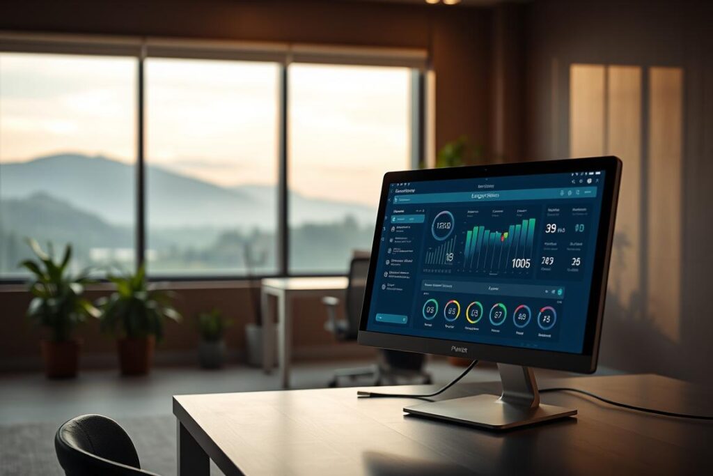 A serene, dimly lit office interior with a large window overlooking a peaceful landscape. In the foreground, a sleek, modern desktop computer with a clean, minimalist design. On the screen, an energy-efficiency dashboard displaying various metrics and settings, reflecting an optimal power configuration. The middle ground features a comfortable office chair and a well-organized desk, with a few strategically placed potted plants adding a touch of nature. The background showcases a warm, inviting atmosphere, with soft, indirect lighting and muted earth-tone walls, creating a sense of focus and productivity. The overall composition conveys a harmonious balance between technology and natural elements, embodying the concept of "ultimative leistung" or ultimate performance.