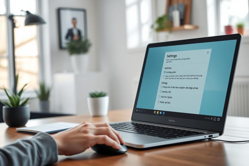 A serene office setting with a desk showcasing a laptop, a mouse, and a monitor displaying the Windows 11 settings menu. The foreground features a person's hand adjusting the display settings, while the background depicts a minimalist, well-lit workspace with potted plants and tasteful decor. The lighting is soft and natural, creating a calming atmosphere. The overall composition emphasizes the importance of verifying system settings and drivers after a Windows 11 upgrade. A serene office setting with a desk showcasing a laptop, a mouse, and a monitor displaying the Windows 11 settings menu. The foreground features a person's hand adjusting the display settings, while the background depicts a minimalist, well-lit workspace with potted plants and tasteful decor. The lighting is soft and natural, creating a calming atmosphere. The overall composition emphasizes the importance of verifying system settings and drivers after a Windows 11 upgrade.