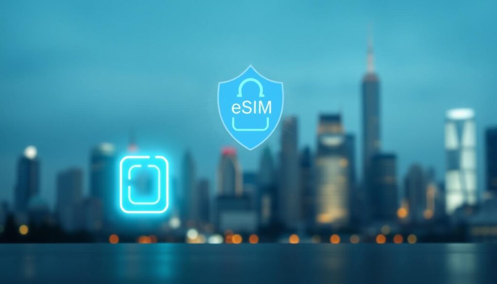 A tranquil, secure digital landscape with a glowing eSIM icon in the foreground. The background features a blurred international cityscape with skyscrapers and landmarks, symbolizing global connectivity. Soft, diffused lighting creates an atmosphere of trust and safety. The composition emphasizes the centrality of the eSIM, representing secure mobile data access while traveling abroad. Subtle blue and green tones evoke a sense of reliability and data privacy. The overall aesthetic conveys a reassuring message about the safety and convenience of using eSIM technology overseas. A tranquil, secure digital landscape with a glowing eSIM icon in the foreground. The background features a blurred international cityscape with skyscrapers and landmarks, symbolizing global connectivity. Soft, diffused lighting creates an atmosphere of trust and safety. The composition emphasizes the centrality of the eSIM, representing secure mobile data access while traveling abroad. Subtle blue and green tones evoke a sense of reliability and data privacy. The overall aesthetic conveys a reassuring message about the safety and convenience of using eSIM technology overseas.