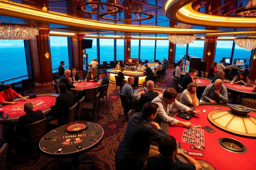 A vibrant and luxurious live casino scene aboard the Royal Sea, showcasing a beautifully decorated gaming space filled with elegant tables for blackjack, roulette, and poker. In the foreground, a diverse group of players in smart casual attire engage in thrilling gameplay, their expressions reflecting excitement and anticipation. The middle ground features a stunning bar area with shimmering lights, complementary to the casino's opulent decor, while in the background, large panoramic windows reveal a stunning ocean view, enhancing the ambience. Soft, ambient lighting casts a warm glow across the room, creating an inviting atmosphere. The camera angle captures the grandeur of the casino, providing a comprehensive view of the players and the elaborate decorations, tailored for a feeling of energetic yet sophisticated entertainment.