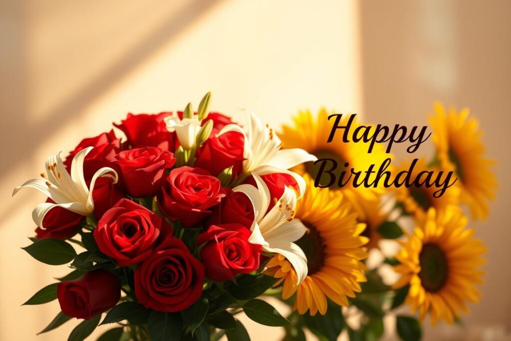 A warm, heartfelt birthday scene depicting a beautiful bouquet of red roses, delicate white lilies, and vibrant yellow sunflowers against a soft, pastel-colored background. The flowers are arranged in an elegant, asymmetrical composition, casting gentle shadows that add depth and dimension. Warm, natural lighting bathes the scene, creating a cozy, intimate atmosphere. The flowers are positioned in the foreground, with a blurred, out-of-focus background hinting at a serene, idyllic setting. The overall mood is one of love, gratitude, and celebration, perfectly capturing the essence of a mother's birthday. A warm, heartfelt birthday scene depicting a beautiful bouquet of red roses, delicate white lilies, and vibrant yellow sunflowers against a soft, pastel-colored background. The flowers are arranged in an elegant, asymmetrical composition, casting gentle shadows that add depth and dimension. Warm, natural lighting bathes the scene, creating a cozy, intimate atmosphere. The flowers are positioned in the foreground, with a blurred, out-of-focus background hinting at a serene, idyllic setting. The overall mood is one of love, gratitude, and celebration, perfectly capturing the essence of a mother's birthday.