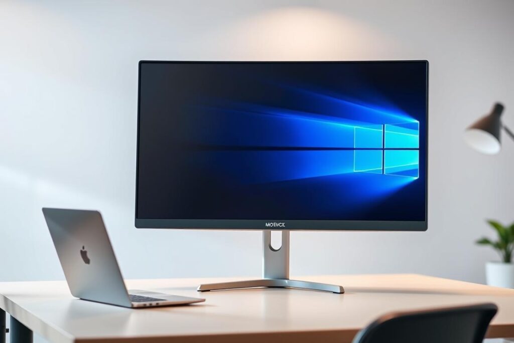 A well-lit, modern office setting with a desk, a laptop, and an external monitor prominently displayed. The monitor has a sleek, minimalist design with a thin bezel and a high-resolution display. The lighting is soft and natural, creating a calm and focused atmosphere. The monitor is positioned at eye level, allowing the user to work comfortably. The background is a neutral, uncluttered space, emphasizing the monitor as the focal point. The overall scene conveys a sense of efficiency and professionalism, reflecting the technical nature of the subject matter.