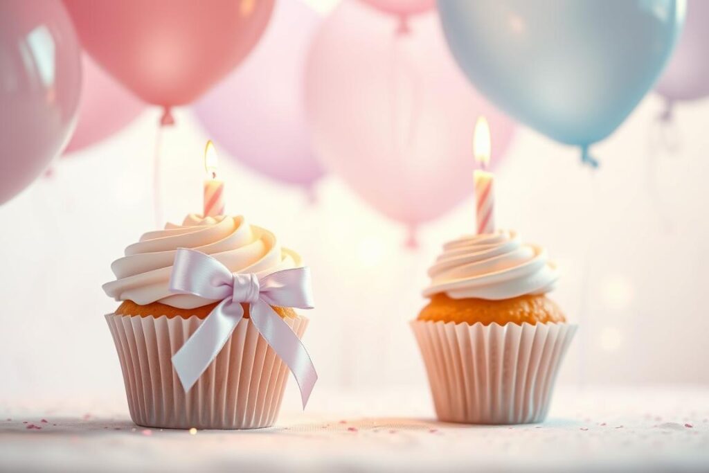 A whimsical and enchanting scene of birthday wishes for a young girl, captured in a delicate pastel palette. In the foreground, an elegant ribbon-adorned cupcake with a flickering candle, set against a soft, dreamy background of floating balloons in shades of pink, lavender, and baby blue. Subtle sparkles and twinkling lights create a magical atmosphere, while a gentle ray of sunshine streams in from the side, casting a warm glow on the scene. The overall composition is playful and feminine, perfectly capturing the spirit of "Kurze Geburtstagswünsche für Mädchen". A whimsical and enchanting scene of birthday wishes for a young girl, captured in a delicate pastel palette. In the foreground, an elegant ribbon-adorned cupcake with a flickering candle, set against a soft, dreamy background of floating balloons in shades of pink, lavender, and baby blue. Subtle sparkles and twinkling lights create a magical atmosphere, while a gentle ray of sunshine streams in from the side, casting a warm glow on the scene. The overall composition is playful and feminine, perfectly capturing the spirit of "Kurze Geburtstagswünsche für Mädchen".