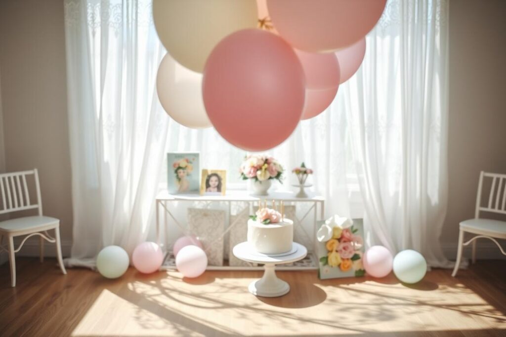 A whimsical scene of a girl's birthday celebration, captured with a soft, dreamy aesthetic. In the foreground, a bouquet of pastel-colored balloons floats gracefully, casting gentle shadows on the ground below. The middle ground features a table adorned with a delicate floral centerpiece, surrounded by an assortment of colorful party favors and a beautifully decorated birthday cake. In the background, a delicate, lace-patterned curtain filters the sunlight, creating a warm, inviting atmosphere. The overall mood is one of joy, wonder, and celebration, perfectly reflecting the special occasion of a girl's birthday. A whimsical scene of a girl's birthday celebration, captured with a soft, dreamy aesthetic. In the foreground, a bouquet of pastel-colored balloons floats gracefully, casting gentle shadows on the ground below. The middle ground features a table adorned with a delicate floral centerpiece, surrounded by an assortment of colorful party favors and a beautifully decorated birthday cake. In the background, a delicate, lace-patterned curtain filters the sunlight, creating a warm, inviting atmosphere. The overall mood is one of joy, wonder, and celebration, perfectly reflecting the special occasion of a girl's birthday.