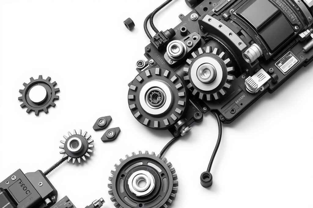 Detailed digital illustration of Windows Update components, including intricate components, gears, and mechanisms. Displayed in a clean, technical style against a plain white background, with a sense of precision and functionality. Lighting is soft and even, creating clear, detailed shadows. Camera angle is slightly elevated, providing an overview of the components. The overall mood is one of clarity, organization, and problem-solving, suitable for illustrating a guide on troubleshooting Windows updates.