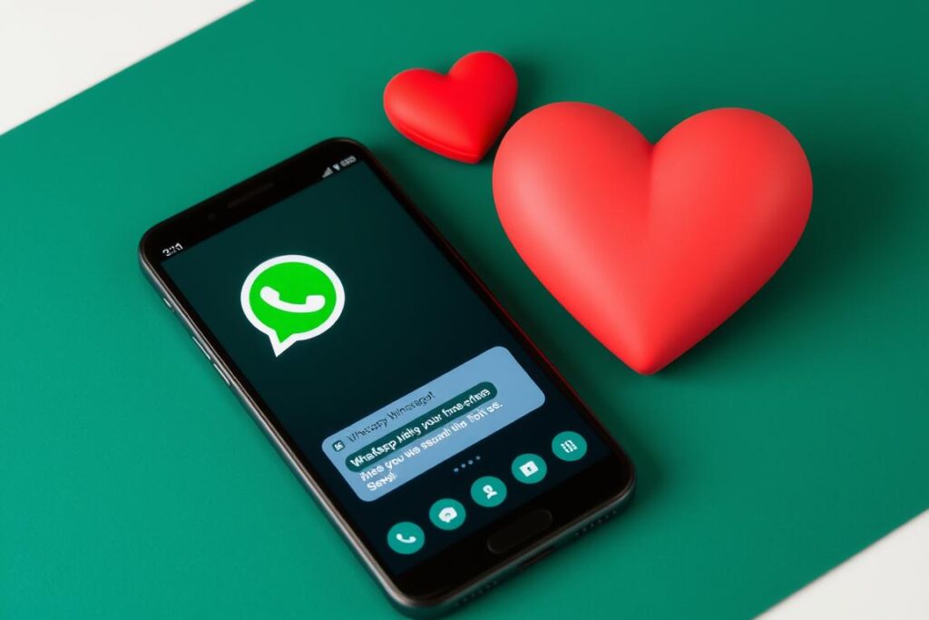 Ein Bild mit einem Herz und einem Handy, das eine WhatsApp-Nachricht zeigt