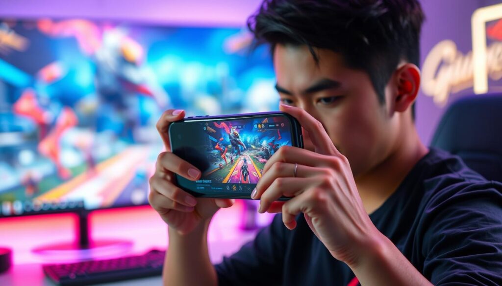 Ein Bild von einem Gamer, der das Asus ROG Phone8 hält und ein Mobile-Game spielt. Ein Bild von einem Gamer, der das Asus ROG Phone8 hält und ein Mobile-Game spielt.