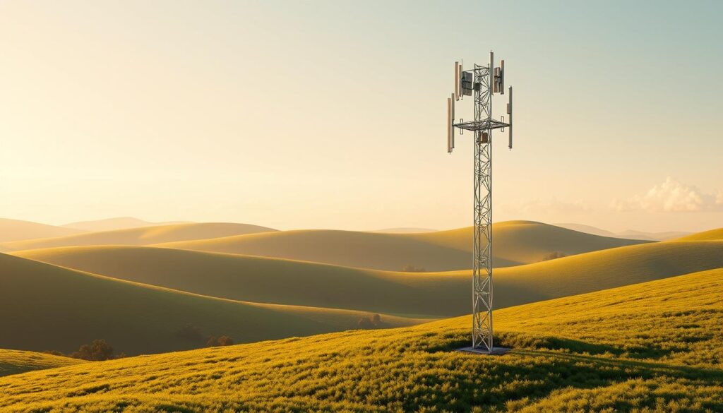Photorealistic 3D render of a sustainable 6G cellular network tower, standing amidst a lush, verdant landscape. The tower's design features sleek, minimalist lines and integrated solar panels, conveying a sense of advanced, eco-friendly technology. Warm, diffused lighting illuminates the scene, casting long shadows and creating a serene, tranquil atmosphere. In the background, rolling hills and a vibrant, cloudless sky create a picturesque, pastoral setting, emphasizing the harmony between technology and nature. The overall composition conveys the concept of energy-efficient, sustainable 6G networks that seamlessly blend into the environment. Photorealistic 3D render of a sustainable 6G cellular network tower, standing amidst a lush, verdant landscape. The tower's design features sleek, minimalist lines and integrated solar panels, conveying a sense of advanced, eco-friendly technology. Warm, diffused lighting illuminates the scene, casting long shadows and creating a serene, tranquil atmosphere. In the background, rolling hills and a vibrant, cloudless sky create a picturesque, pastoral setting, emphasizing the harmony between technology and nature. The overall composition conveys the concept of energy-efficient, sustainable 6G networks that seamlessly blend into the environment.