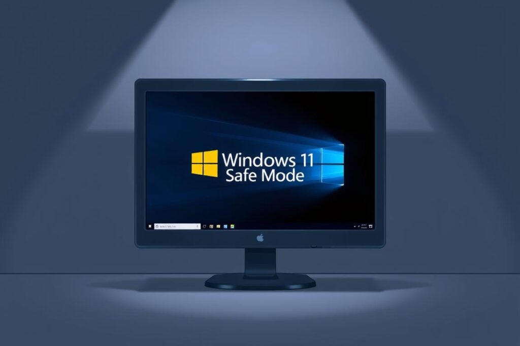 a detailed digital illustration of a Windows 11 desktop computer screen in a dimly lit environment, showcasing the "Safe Mode" boot process. The screen displays the Windows 11 logo and the text "Safe Mode" in the center, with a subtle blue-gray color scheme. The desktop background is slightly blurred, suggesting the computer is in a diagnostic mode. The lighting is soft and directional, creating depth and highlighting the core elements. The composition emphasizes the centrality of the "Safe Mode" message, conveying a sense of troubleshooting and problem-solving.