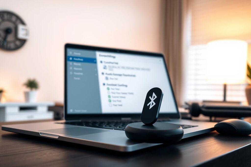 An interior scene of a modern home office, with a desk prominently featuring a laptop computer and a Bluetooth device. The laptop screen displays the "Energieverwaltung" settings menu, while the Bluetooth device is the focal point, surrounded by a warm, soft lighting that creates a sense of focus and attention. The background features minimal, clean design elements, allowing the technology to take center stage. The overall atmosphere conveys a sense of productivity, efficiency, and a proactive approach to resolving potential connectivity issues.
