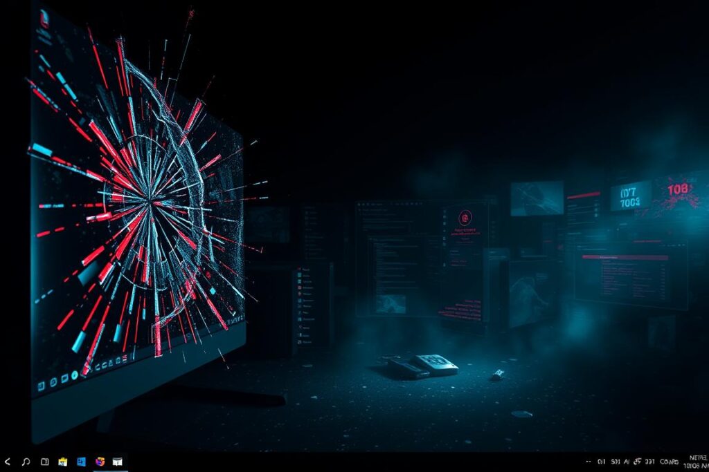 A dark, ominous desktop with glitching and corrupted graphics, showcasing the aftermath of a problematic Windows 11 update. In the foreground, a shattered, flickering display emits eerie digital artifacts. The middle ground features a distorted cursor and unresponsive taskbar, hinting at the system's instability. In the background, a chaotic array of corrupted windows, scattered UI elements, and pulsating visual distortions create a sense of technological chaos. The lighting is a combination of harsh, unnatural tones and ominous shadows, emphasizing the unsettling mood. The overall scene conveys the frustration and disruption experienced by users encountering this common post-update graphics issue on Windows 11.