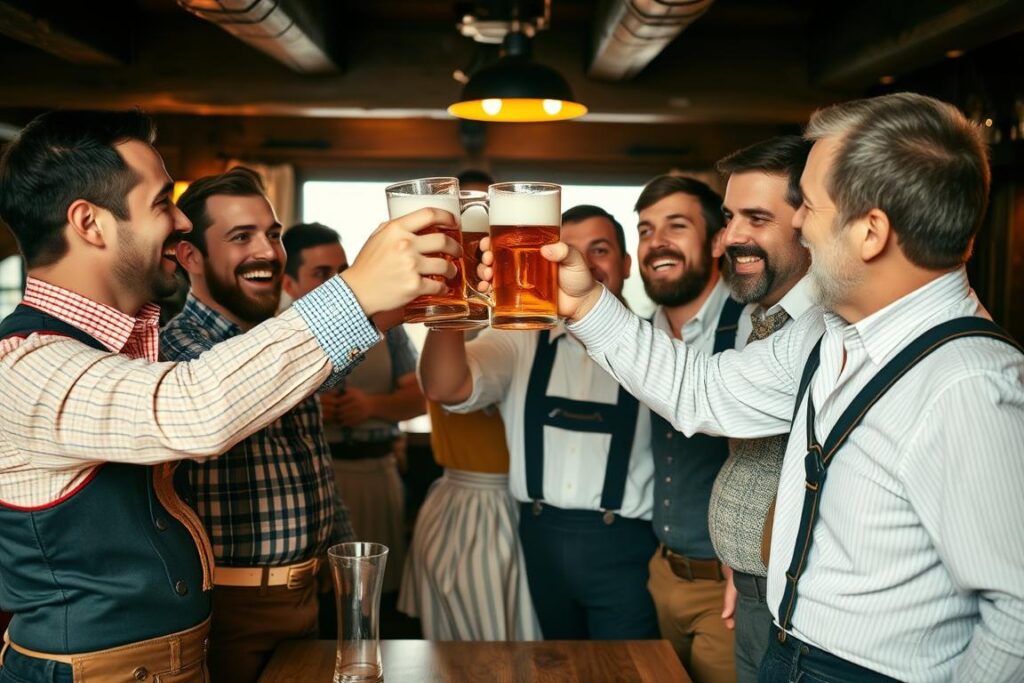 A festive celebration of masculinity, a gathering of men in traditional attire, enjoying camaraderie and revelry. The scene depicts a group of men, dressed in lederhosen and dirndls, raising their beer steins in a toast. The background features a rustic Bavarian-style tavern, with warm lighting and wooden accents, creating a cozy and convivial atmosphere. In the foreground, the men are engaged in lively conversation, their faces alight with joy and laughter, embodying the spirit of Männertag, a uniquely German tradition that celebrates the essence of manhood. The overall composition evokes a sense of cultural heritage, community, and the enduring bonds of male friendship. A festive celebration of masculinity, a gathering of men in traditional attire, enjoying camaraderie and revelry. The scene depicts a group of men, dressed in lederhosen and dirndls, raising their beer steins in a toast. The background features a rustic Bavarian-style tavern, with warm lighting and wooden accents, creating a cozy and convivial atmosphere. In the foreground, the men are engaged in lively conversation, their faces alight with joy and laughter, embodying the spirit of Männertag, a uniquely German tradition that celebrates the essence of manhood. The overall composition evokes a sense of cultural heritage, community, and the enduring bonds of male friendship.