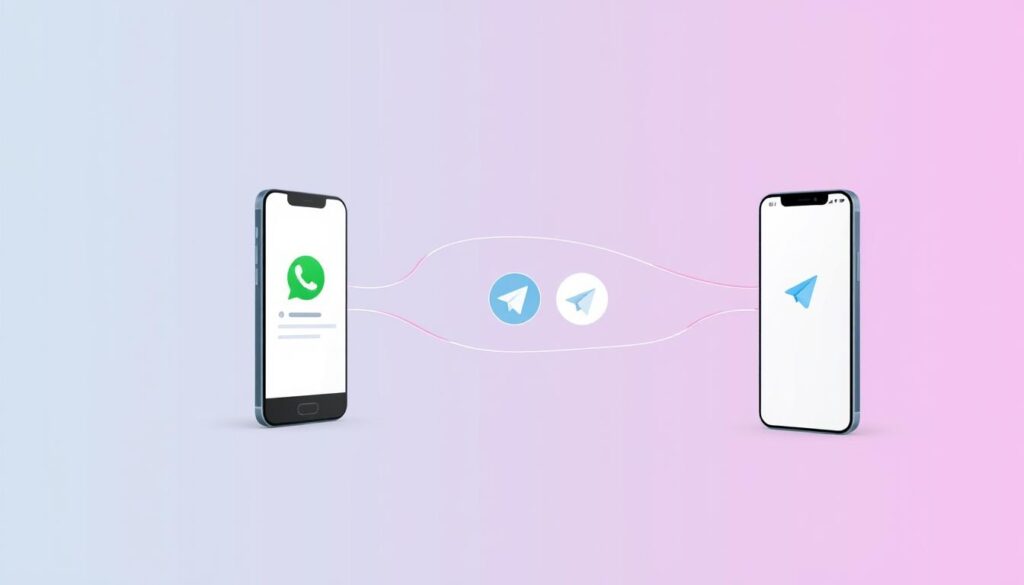 A modern, minimalist illustration showcasing the seamless transfer of chat conversations between different mobile operating systems. In the foreground, two smartphones, one running Android and the other iOS, are connected by a fluid, abstract data stream. The middle ground features a simplified, geometric representation of the core chat platforms - WhatsApp, Signal, and Telegram - highlighted in a soft, muted color palette. The background is a clean, uniform gradient, creating a sense of tranquility and focus on the central technology transfer. The lighting is soft and diffused, lending a contemporary, professional aesthetic. The overall composition conveys the effortless, secure nature of cross-platform chat data migration. A modern, minimalist illustration showcasing the seamless transfer of chat conversations between different mobile operating systems. In the foreground, two smartphones, one running Android and the other iOS, are connected by a fluid, abstract data stream. The middle ground features a simplified, geometric representation of the core chat platforms - WhatsApp, Signal, and Telegram - highlighted in a soft, muted color palette. The background is a clean, uniform gradient, creating a sense of tranquility and focus on the central technology transfer. The lighting is soft and diffused, lending a contemporary, professional aesthetic. The overall composition conveys the effortless, secure nature of cross-platform chat data migration.