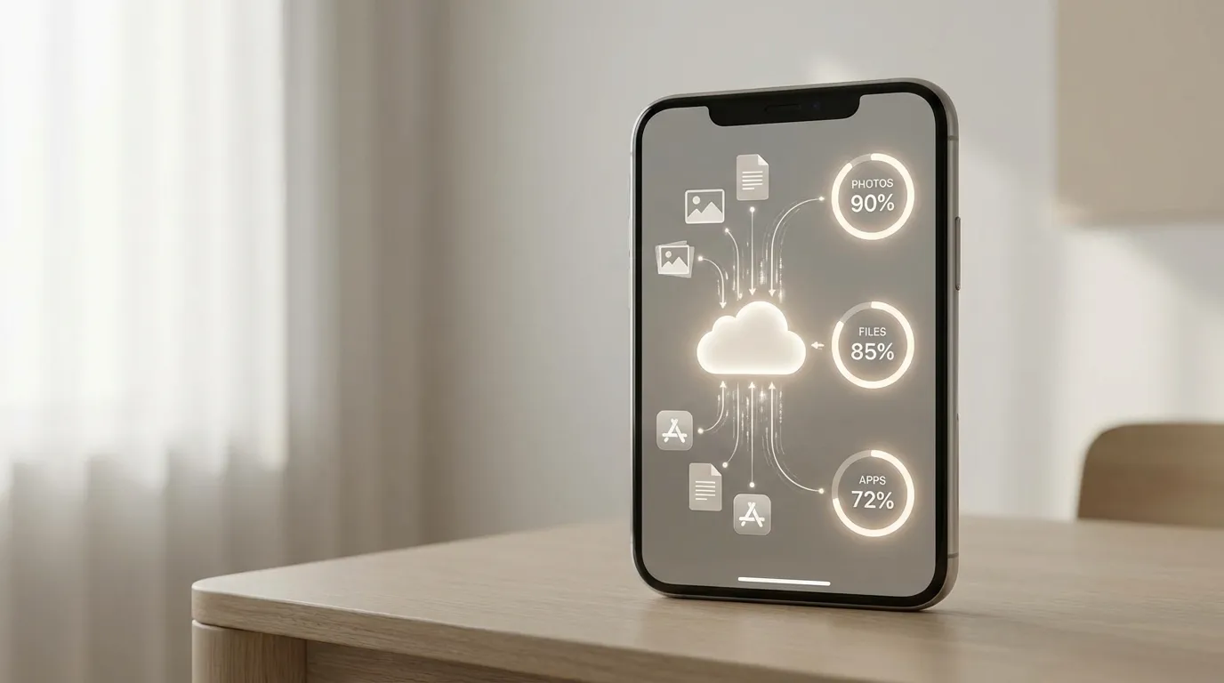 iPhone mit iCloud‑Speicheranzeige und WhatsApp‑Backup‑Symbol