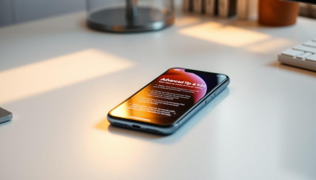 A sleek and modern iPhone XR device resting on a minimalist desk, bathed in warm, directional lighting that casts subtle shadows. The phone's display is illuminated, showcasing advanced tips and tricks for power users in a clean, uncluttered interface. The surrounding environment is a serene, neutral-toned office setting, with a hint of natural elements like wood or plant life to create a balanced, professional atmosphere. The camera angle is slightly elevated, providing an aspirational, almost editorial perspective on the device and its enhanced capabilities.