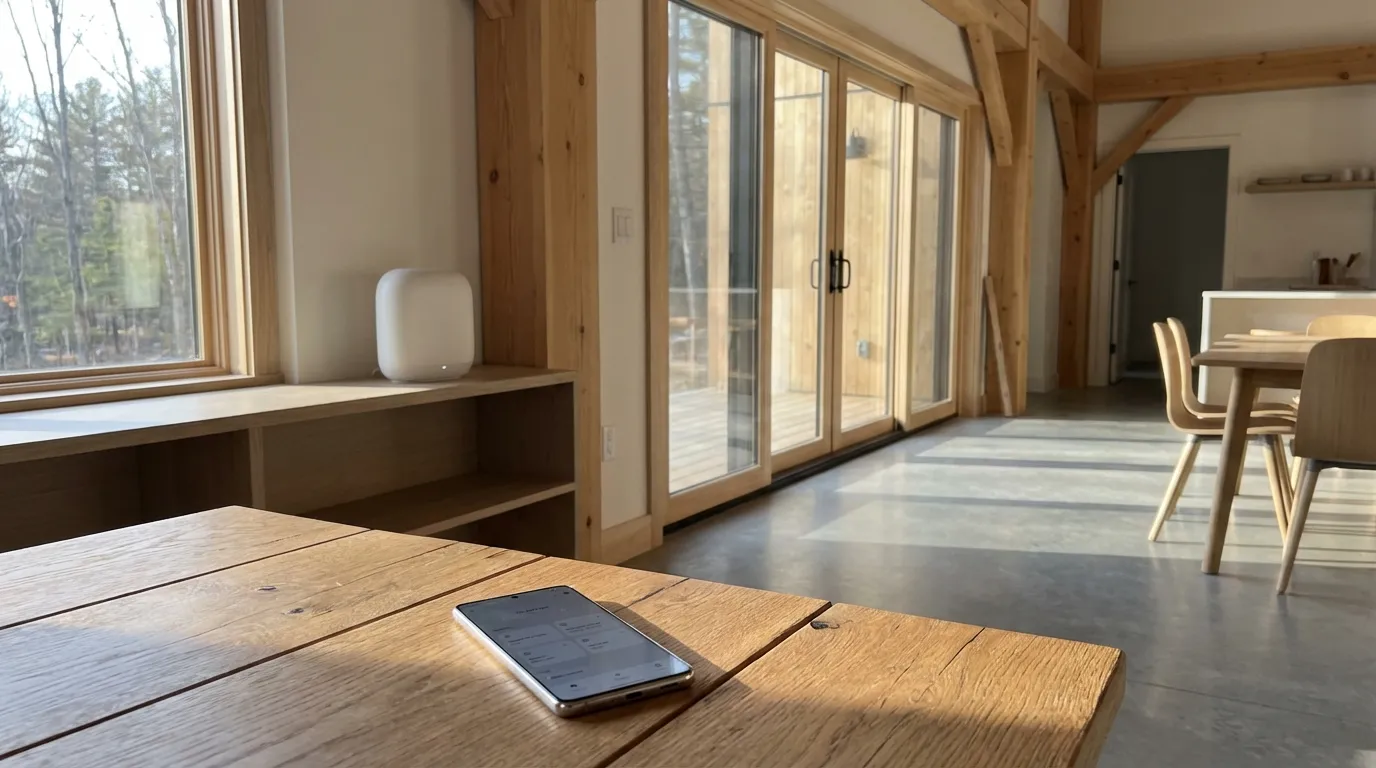 Smartphone nutzt WLAN‑Calling im Neubau