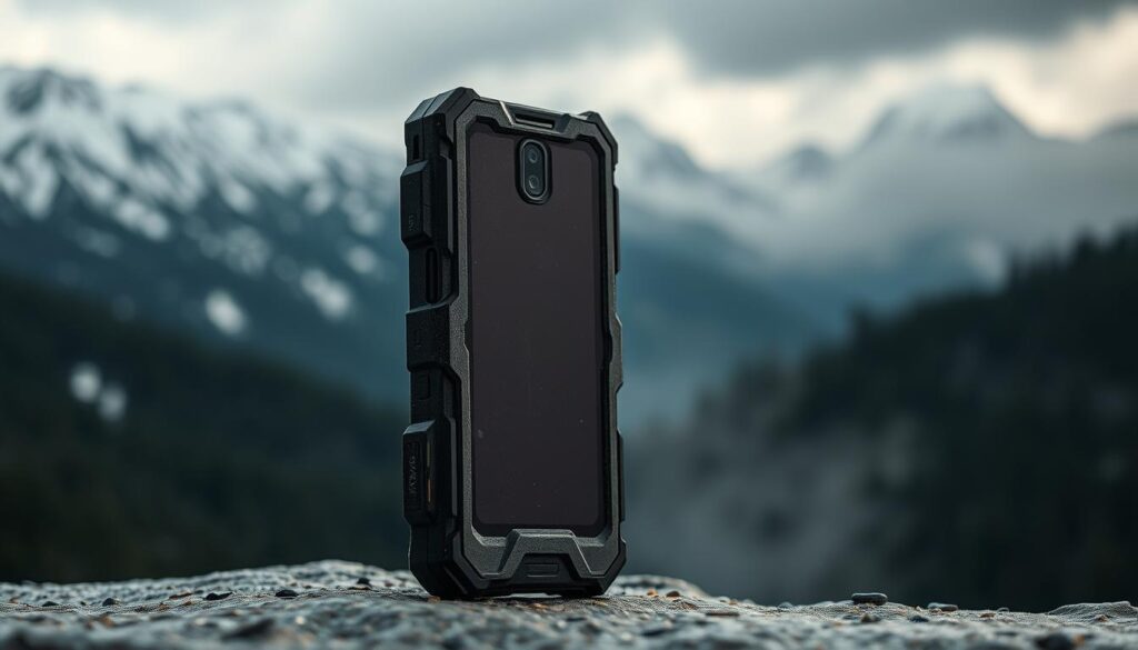 A rugged and weathered Nokia XR21 smartphone, encased in a thick, durable protective shell, stands against a backdrop of harsh outdoor conditions. The device is illuminated by soft, diffused lighting, casting subtle shadows that accentuate its robust, angular design. The foreground is sharp and in focus, while the background blurs into a hazy, atmospheric landscape of snow-capped mountains, dense forests, and stormy skies, conveying a sense of extreme environmental challenges. The overall mood is one of resilience and durability, reflecting the phone's ability to withstand the rigors of outdoor use.