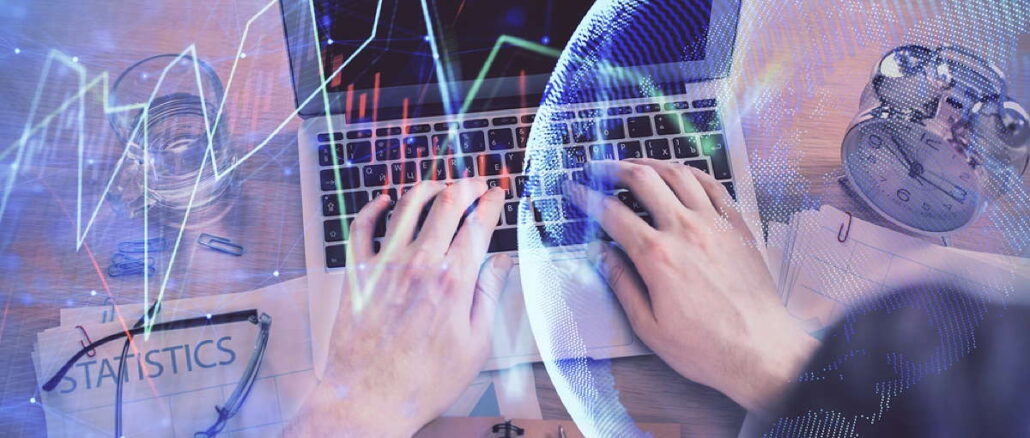Double exposure of man's hands typing over laptop keyboard and forex chart hologram drawing. Top view. Financial markets concept.