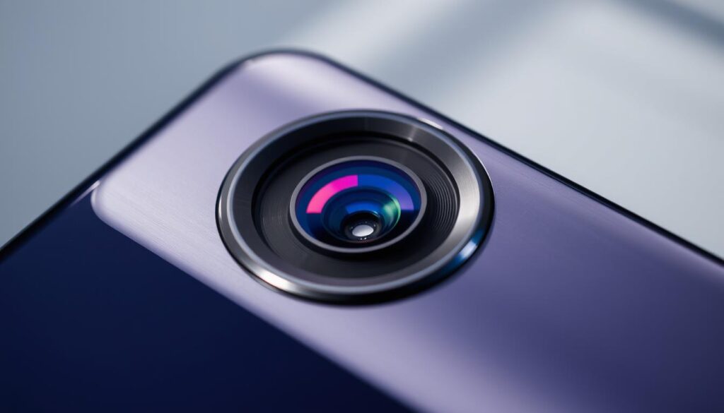 A high-resolution, detailed close-up view of the ultra-wide angle camera module on the Realme GT5 Pro smartphone. The camera lens is prominently featured, capturing its sleek, metallic design and precise optical elements. The surrounding housing has a matte black finish, accentuating the technical components. Vibrant ambient lighting casts dynamic shadows, highlighting the camera's depth and contours. The overall composition emphasizes the camera's advanced optical capabilities in a clean, minimalist style suitable for a product showcase.