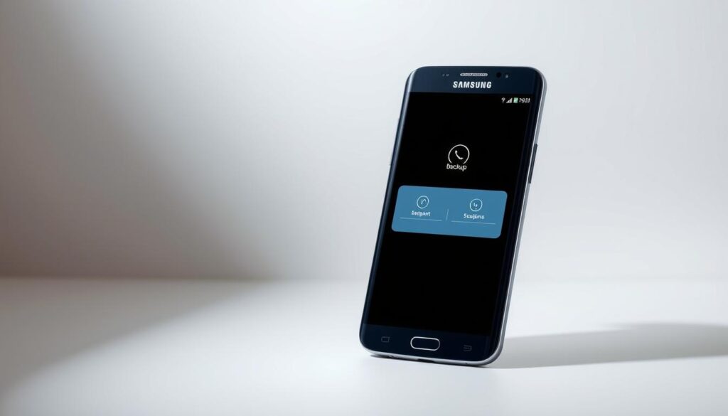 A sleek, modern Samsung Galaxy smartphone displayed in a well-lit, minimalist setting. The device is positioned centrally, its screen showing a seamless backup interface with intuitive icons and prompts. The background is a clean, muted palette, allowing the phone to be the focal point. Soft, directional lighting casts subtle shadows, accentuating the device's curved edges and premium build quality. The composition is balanced, with ample negative space to emphasize the simplicity and efficiency of the backup process. An air of professionalism and trustworthiness pervades the scene, reflecting the reliability of Samsung's data management features.