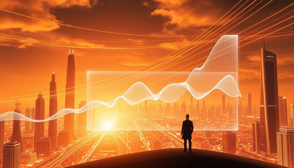 A sleek, futuristic cityscape stretches across the horizon, its towering skyscrapers and gleaming infrastructure bathed in a warm, golden light. Cables and fiber-optic lines criss-cross the sky, symbolizing the rapid advancement of internet connectivity. In the foreground, a lone figure stands, gazing contemplatively at a holographic display that showcases the exponential growth of internet speeds, represented by undulating waves of data. The scene exudes a sense of technological progress and the boundless possibilities of the digital age, capturing the essence of "The Future of Internet Speed." A sleek, futuristic cityscape stretches across the horizon, its towering skyscrapers and gleaming infrastructure bathed in a warm, golden light. Cables and fiber-optic lines criss-cross the sky, symbolizing the rapid advancement of internet connectivity. In the foreground, a lone figure stands, gazing contemplatively at a holographic display that showcases the exponential growth of internet speeds, represented by undulating waves of data. The scene exudes a sense of technological progress and the boundless possibilities of the digital age, capturing the essence of "The Future of Internet Speed."