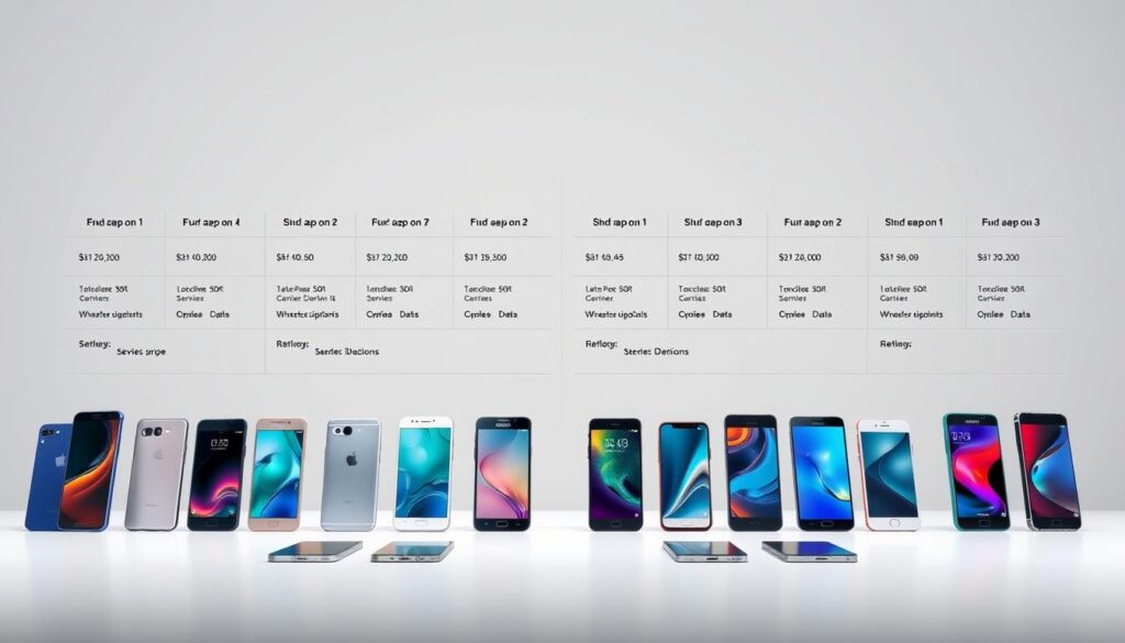 A detailed comparison of smartphone bundles on a clean, minimalist background. In the foreground, meticulously rendered smartphones in various colors and sizes are displayed in a grid layout, showcasing their distinct designs. The middle ground features price tags, data plans, and service information presented in a clear, organized manner. The background is a soft, neutral tone, allowing the products to take center stage. Dramatic, balanced lighting accentuates the sleek lines and glossy surfaces of the smartphones, creating a sense of modern sophistication. The overall composition conveys a thorough, well-researched comparison of smartphone bundle options, suitable for informing consumers about their purchasing decisions. A detailed comparison of smartphone bundles on a clean, minimalist background. In the foreground, meticulously rendered smartphones in various colors and sizes are displayed in a grid layout, showcasing their distinct designs. The middle ground features price tags, data plans, and service information presented in a clear, organized manner. The background is a soft, neutral tone, allowing the products to take center stage. Dramatic, balanced lighting accentuates the sleek lines and glossy surfaces of the smartphones, creating a sense of modern sophistication. The overall composition conveys a thorough, well-researched comparison of smartphone bundle options, suitable for informing consumers about their purchasing decisions.