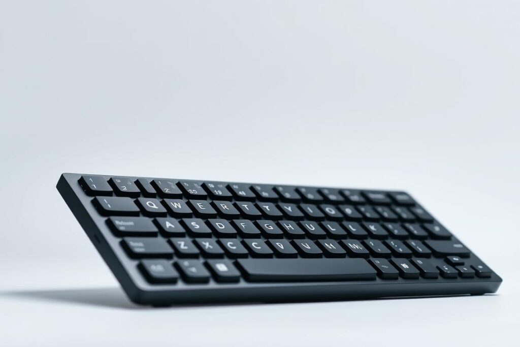 A close-up view of a sleek, modern black computer keyboard against a clean, minimalistic backdrop. The keyboard is well-lit, with crisp details and a matte finish. The keys are evenly spaced and have a subtle, textured surface, conveying a sense of quality and precision. The keyboard is positioned at a slight angle, creating a dynamic, professional composition. The background is a simple, neutral color, allowing the keyboard to be the focal point. The overall atmosphere is one of technological sophistication and attention to detail, reflecting the advanced troubleshooting steps outlined in the article section.