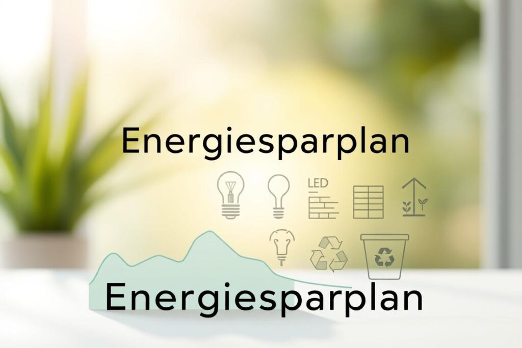 A serene and minimalist illustration of an "Energiesparplan" (energy saving plan) against a softly blurred, sunlit background. In the foreground, a stylized graph or chart in muted blues and greens depicts energy usage trends. The middle ground features simple icons and infographic elements representing energy-efficient technologies and practices, such as LED light bulbs, solar panels, and recycling bins. The background has a calming, natural feel, with hints of greenery and a warm, diffused lighting that evokes a sense of sustainability and environmental consciousness. The overall composition is clean, balanced, and inviting, reflecting the practical and eco-friendly solutions described in the article section.