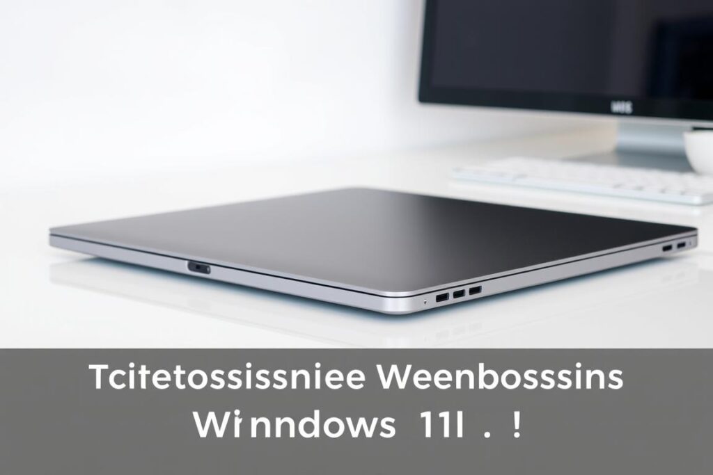 A sleek, modern laptop computer with a webcam module visible on the top bezel. The webcam is in focus, with a slight side-angle to showcase its design and functionality. The laptop is placed on a clean, minimalist desk, with a subtle reflection visible on the polished surface. The overall lighting is soft and even, creating a calming, professional atmosphere. The background is slightly blurred, subtly hinting at a computer workspace or office environment. The image conveys the idea of troubleshooting a webcam issue on a Windows 11 system, with the webcam as the central focus.