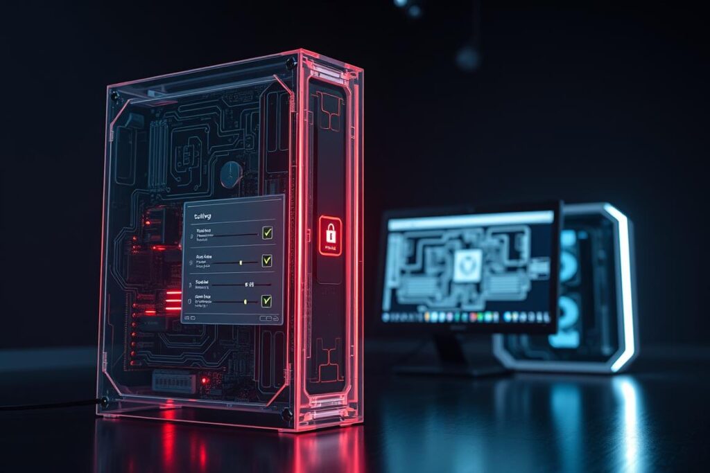 A sophisticated firewall standing tall, its intricate circuits and protective layers casting a soft, ambient glow. In the foreground, a translucent interface displays security settings, inviting the user to fine-tune its protective measures. The middle ground features a sleek, futuristic desktop computer, its screen reflecting the firewall's schematics. In the background, a dimly lit room sets the stage, emphasizing the importance of this digital guardian. The scene conveys a sense of technological complexity and the delicate balance between connectivity and security. A sophisticated firewall standing tall, its intricate circuits and protective layers casting a soft, ambient glow. In the foreground, a translucent interface displays security settings, inviting the user to fine-tune its protective measures. The middle ground features a sleek, futuristic desktop computer, its screen reflecting the firewall's schematics. In the background, a dimly lit room sets the stage, emphasizing the importance of this digital guardian. The scene conveys a sense of technological complexity and the delicate balance between connectivity and security.
