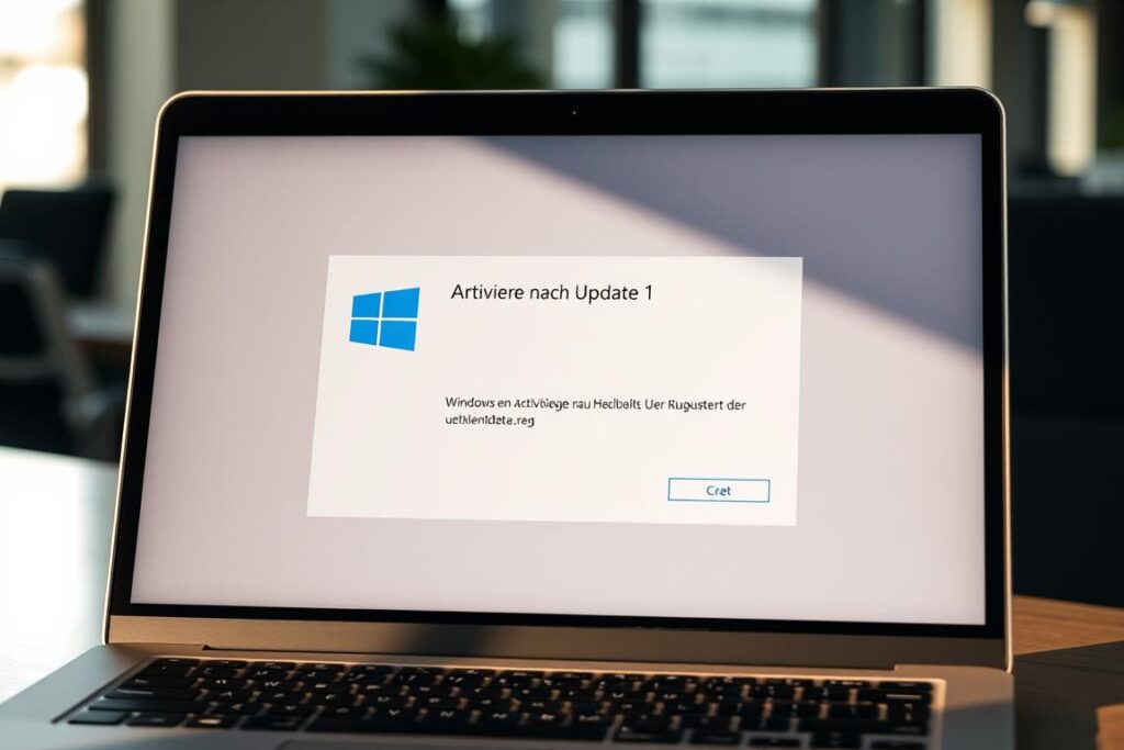 A laptop screen displaying the Windows 11 activation interface, with a prominent "Aktivierung nach Update" message. The screen is bathed in a warm, natural light, casting subtle shadows across the device. The interface appears slightly perplexed, with a subtle sense of uncertainty in the user's expression. The background is slightly blurred, suggesting a professional office environment, emphasizing the technical nature of the issue. The overall mood is one of mild frustration, but also a sense of curiosity and the desire to resolve the problem.