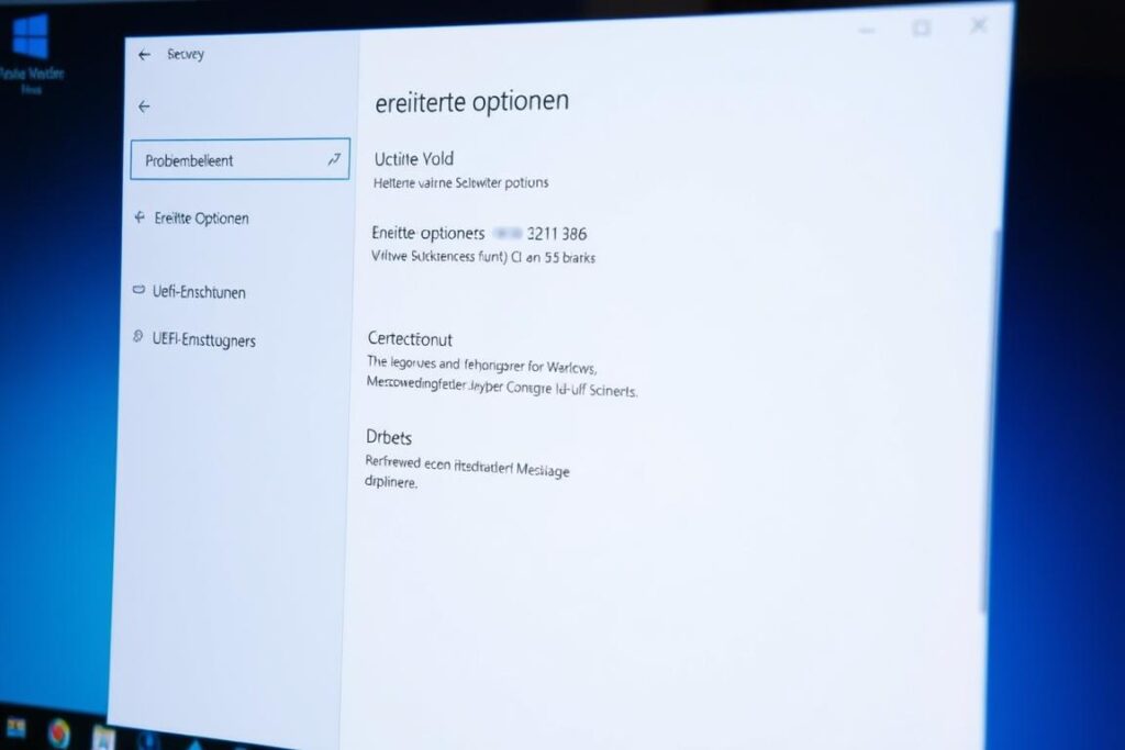A detailed view of the "erweiterte optionen" menu in the Windows 11 recovery environment. The foreground shows the clean, minimalist interface with clearly labeled options like "Problembehandlung", "Erweiterte Optionen", and "UEFI-Einstellungen". The middle ground depicts the overall layout and organization of the menus, while the background hints at a slightly blurred desktop environment, conveying a sense of depth and context. The lighting is soft and even, with a subtle glow emanating from the interface elements. The overall mood is one of calm, focused problem-solving, reflective of the step-by-step troubleshooting guide the image is intended to complement.